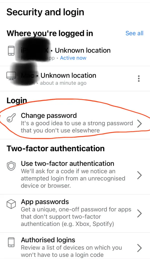 Facebook Security and login settings, with Change password circled