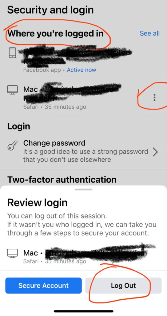 Facebook Where you're logged in list, with the Log Out option circled